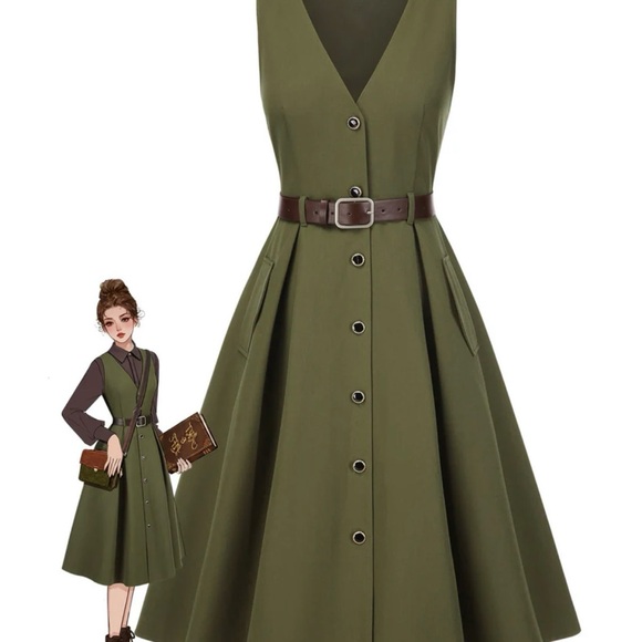 NWT Retro Stage GREEN 1950S V-NECK POCKETS BELTED VEST DRESS - Picture 2 of 7